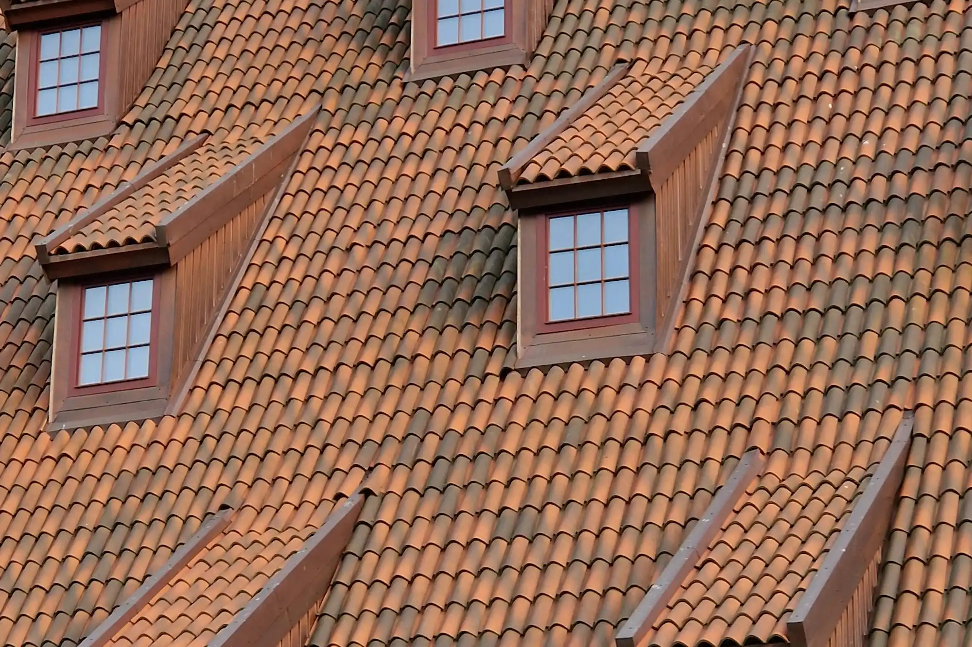Steildach mit Tondachziegeln und mehreren Gaupen